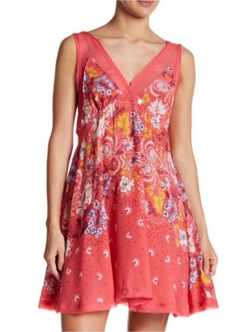 Free People Longwood Printed Slip Dress Coral Floral Boho Mini Dress Women’s XS